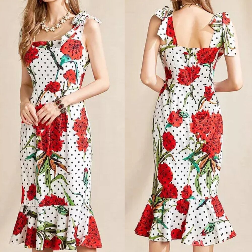 NWT Polka Dot Floral Midi Wiggle Pencil Dress Size Small